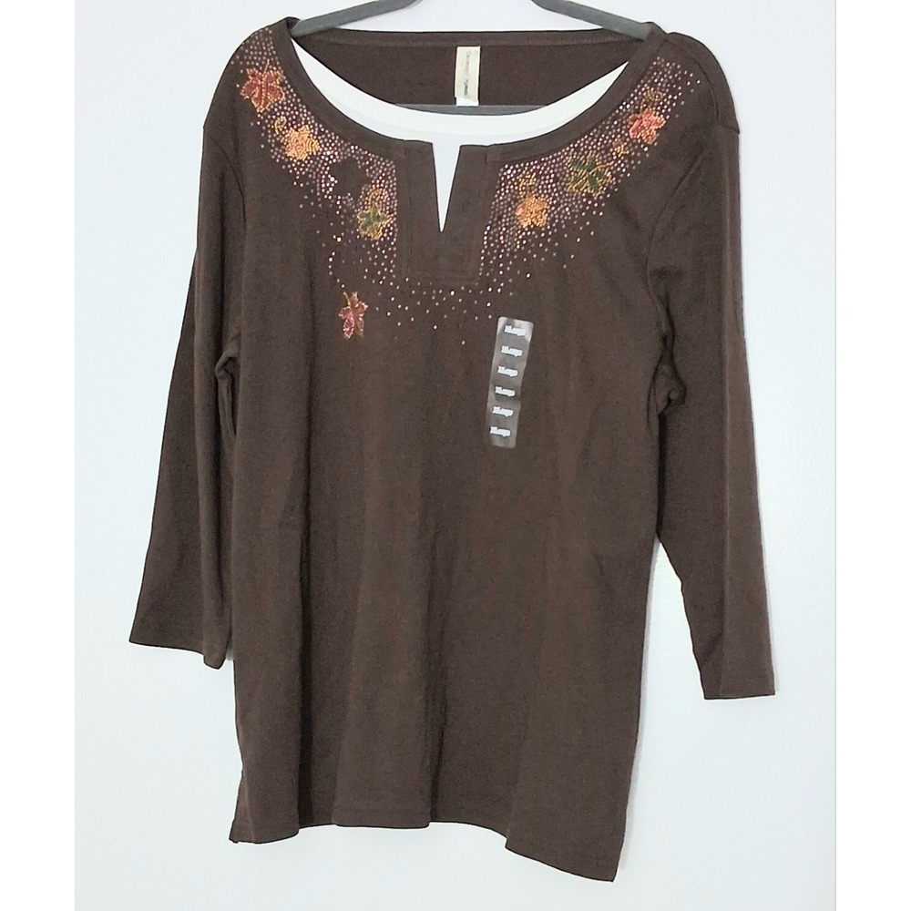 Decorated Originals Top Women's Size XL Brown Rhinestones Leaves Pull-on NEW